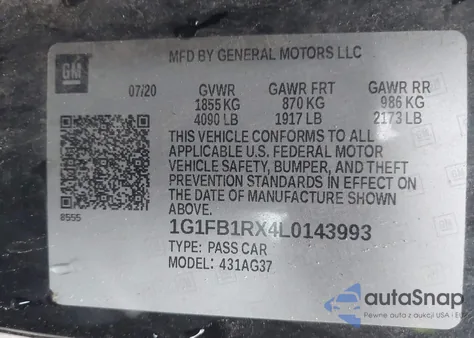 2020 Chevrolet Camaro Rwd 1Ls z USA, uszkodzony, nr VIN 1G1FB1RX4L0143993